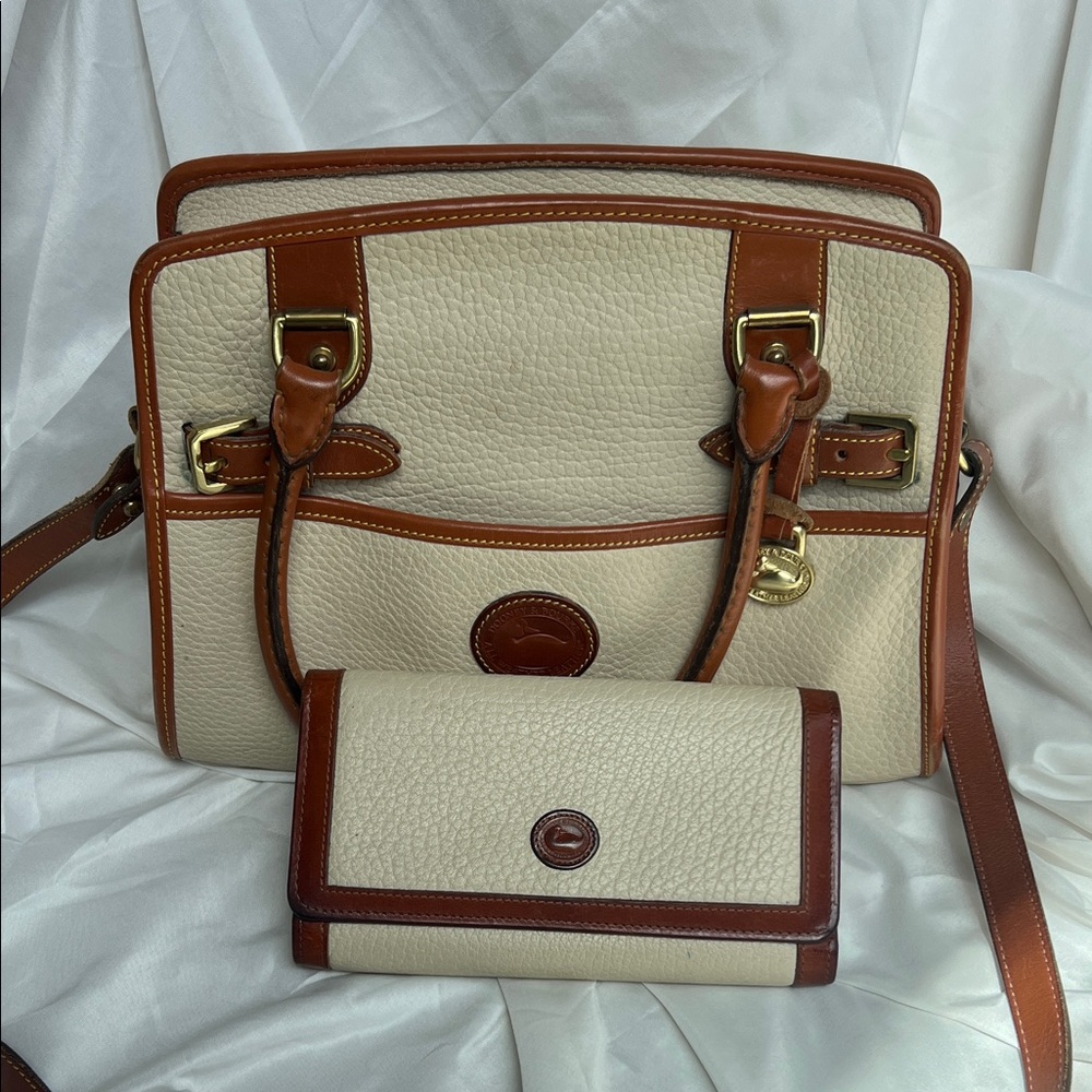 Dooney & Bourke Vintage Cream and Brown Shoulder Bag and Matching Wallet